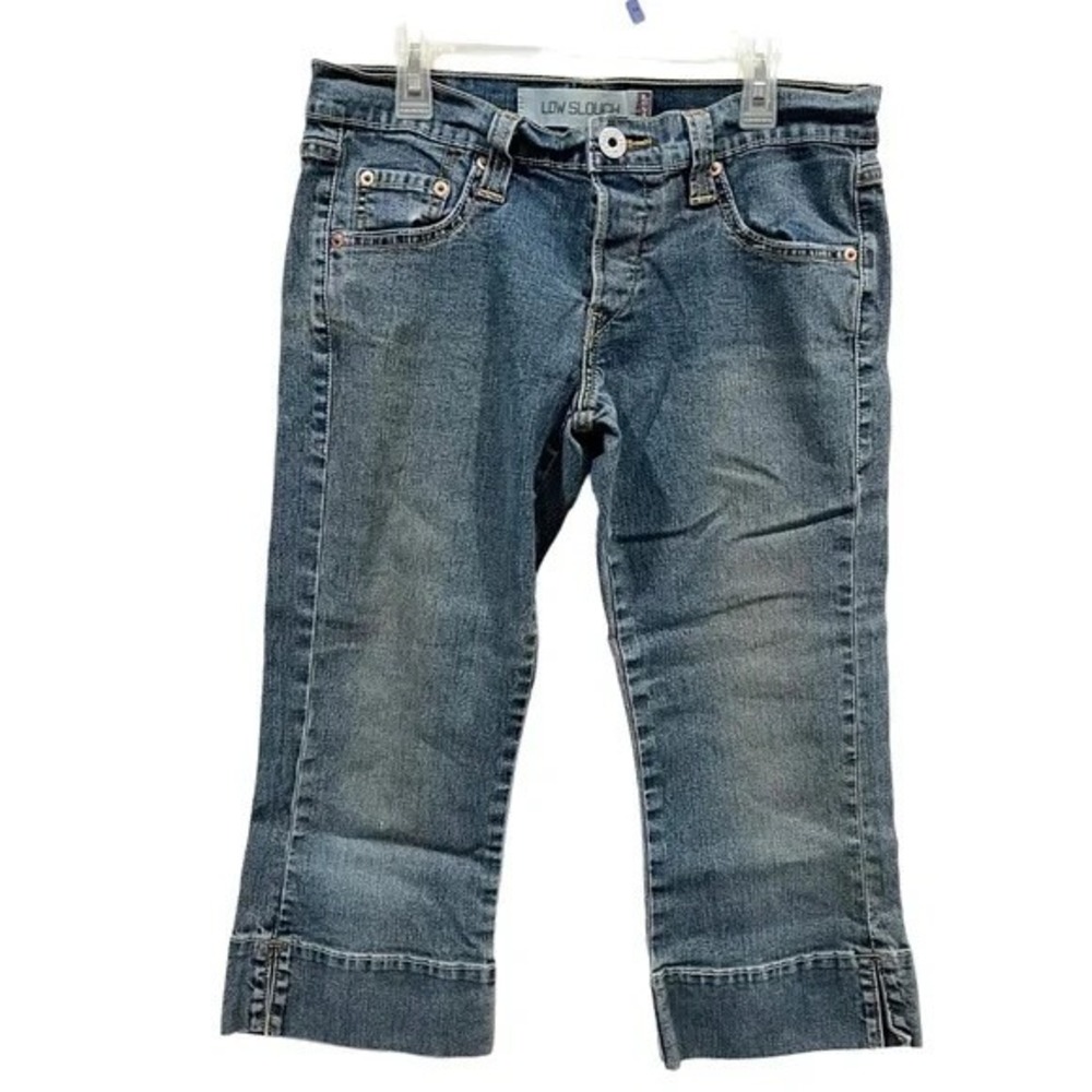 Levis Low Slouch Button Fly Stretch Capri Jeans Blue Wash Womens Size 7 Slit Hem